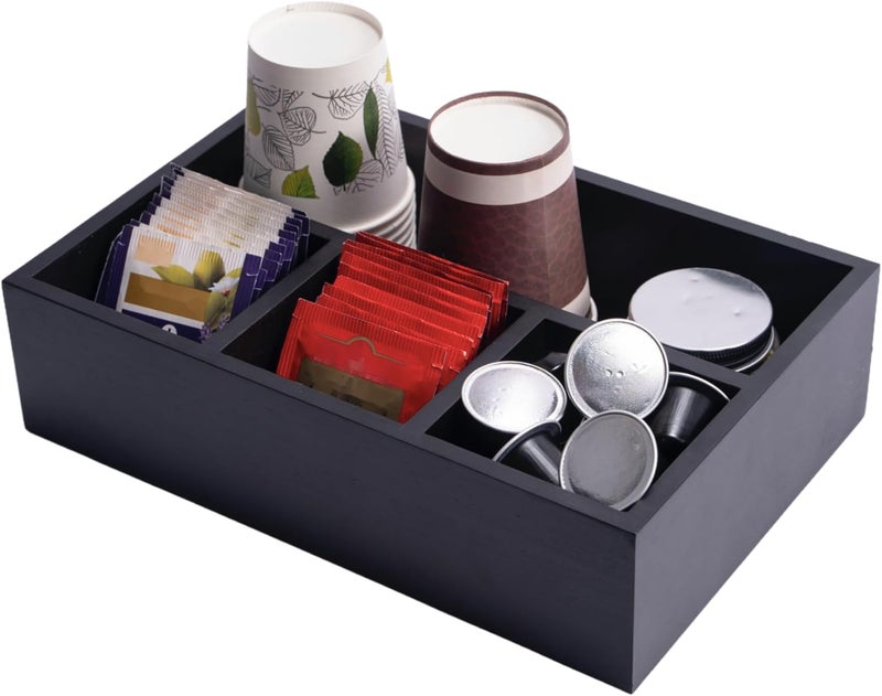 HymoConn Tea Bag Organizer Wood Black, 4 Compartments Tea Bag Holder, Large Capacity Sugar Packet and Coffee Station Organizer, Tea Bags Caddy Drawer Storage Container for Countertop - Image 2